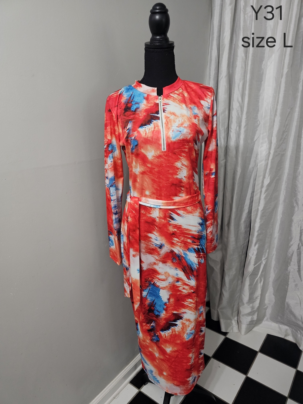 Red Tie-Dye Long Sleeve Midi Dress - Unbranded